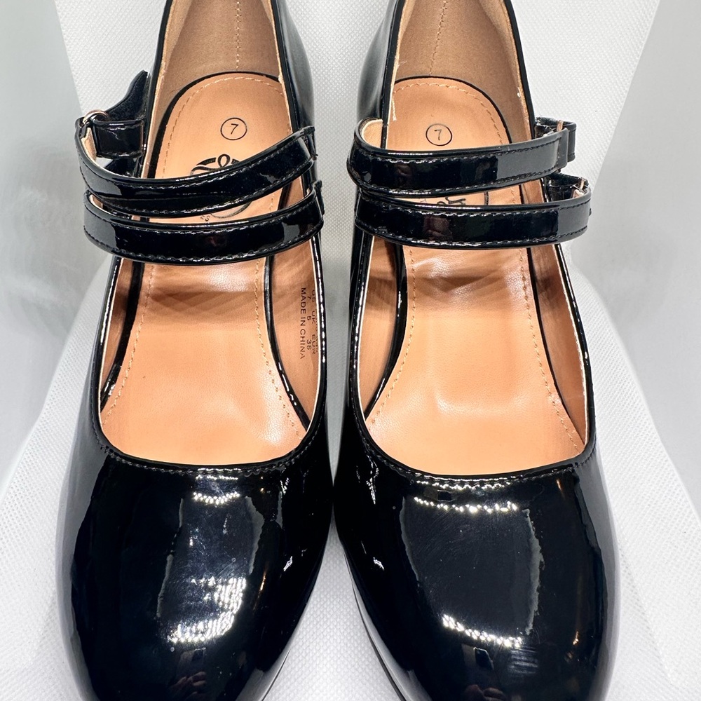 Women's Black Patent Double-Strap Mary Jane Heels